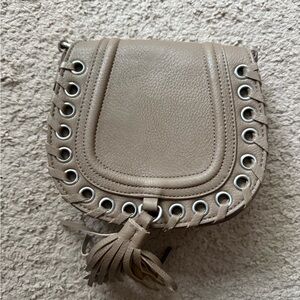 Beige Crossbody Bag with Tassel and Eyelet Detail
